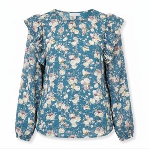 Hayden Los Angeles Medium Teal Floral Blouse Ruffle Shoulder Long Sleeve Boho